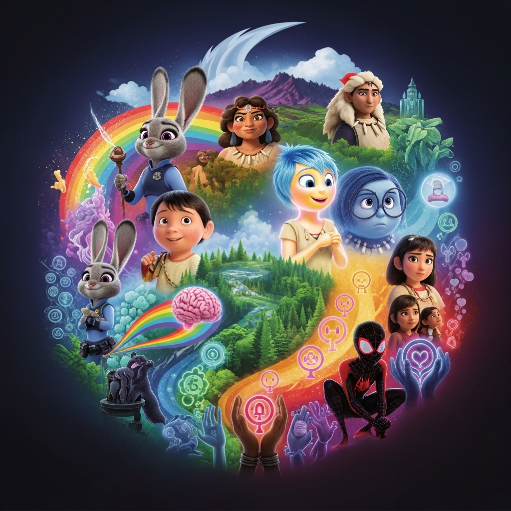 다양한 애니메이션 영화 주인공들이 어우러져 편견, 환경, 감정, 가족 등의 사회적 메시지를 시각적으로 표현하는 모습. 깊은 의미를 담은 애니메이션의 힘을 상징합니다.