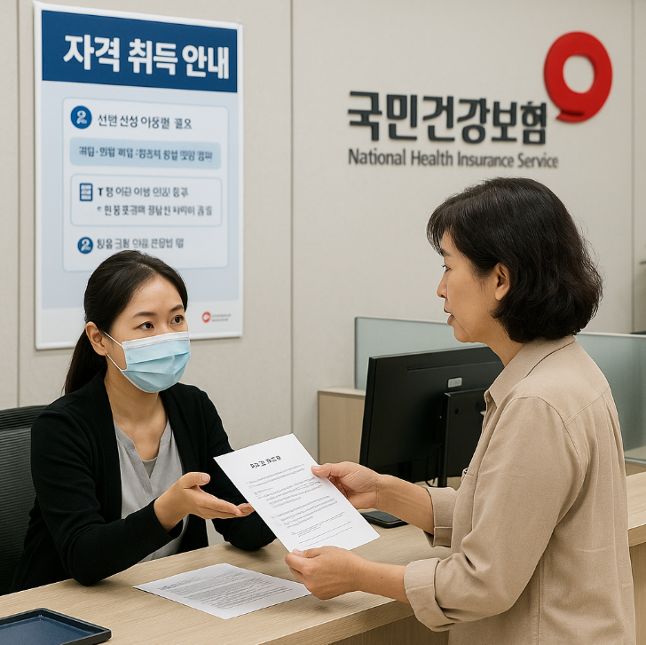 국민건강보험공단 지사 접수창구에서 중년 여성 민원인이 서류를 제출하며 창구 직원에게 문의하는 모습