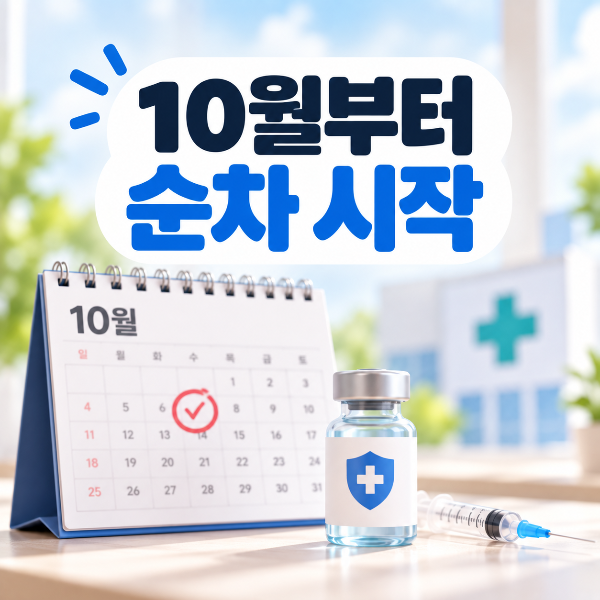 코로나 예방접종이 10월부터 대상별로 순차 시작되는 것을 표현한 이미지