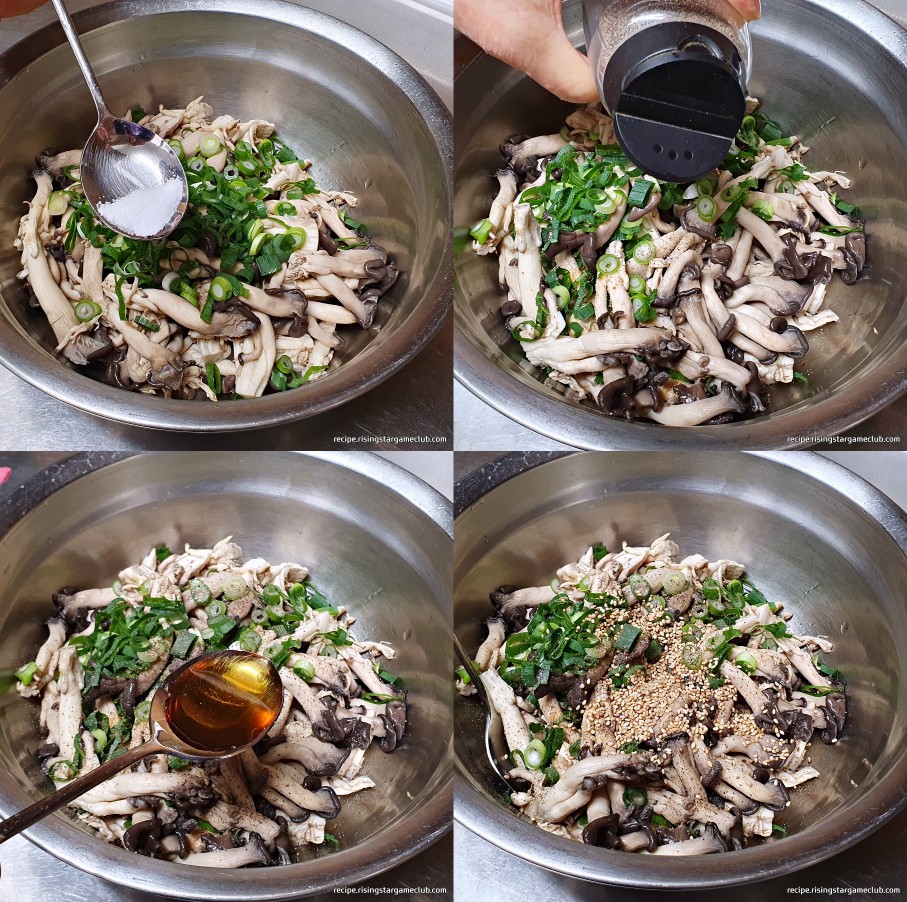 느타리버섯에 밑간을 하기 위해 맛소금, 후추, 참기름, 통깨를 넣는 사진