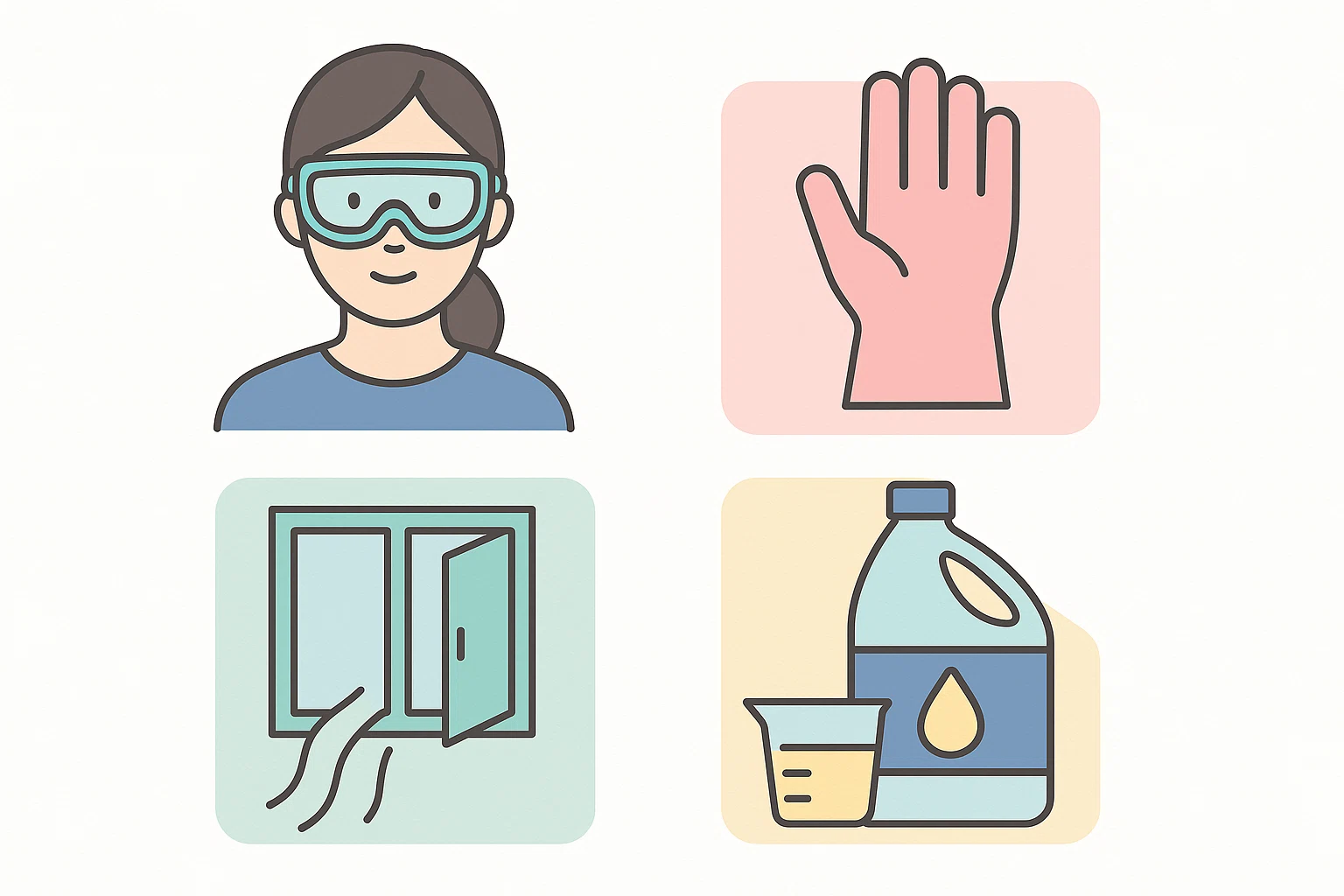 락스 사용 시 보호 안경 착용, 고무장갑 사용, 환기, 락스 희석 등 안전 수칙