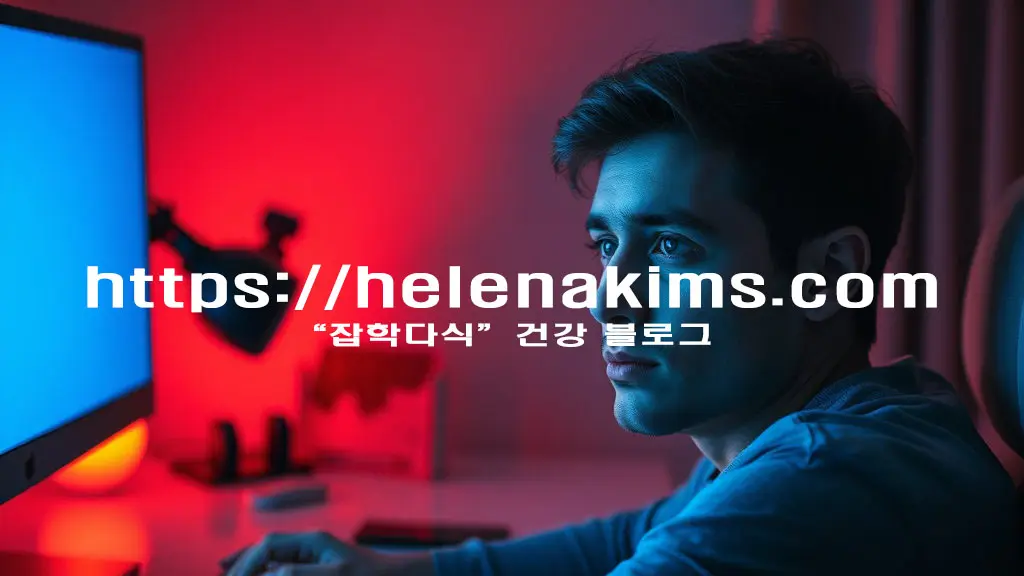 책상 위에 컴퓨터가 켜져 있고 그 앞에 남성이 앉아 있는 모습.