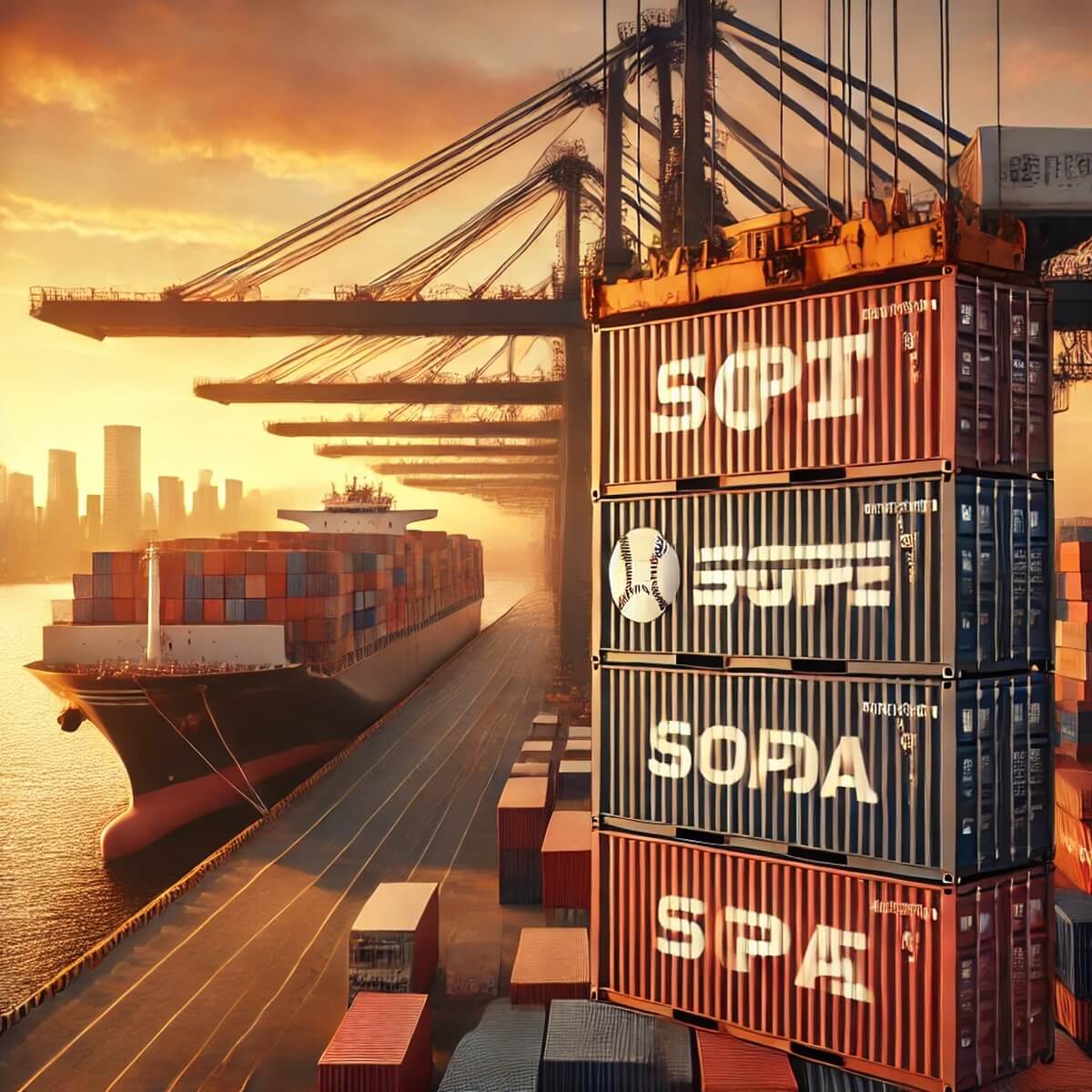 도쿄 항구에서 선적 중인 스포츠 용품 박스 – 수입과 물류 이미지