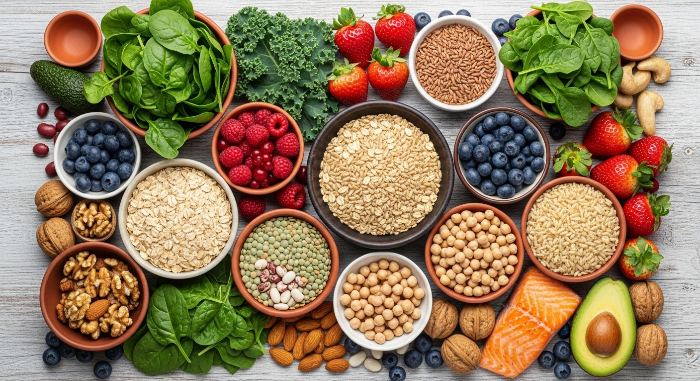 다채로운 혈당 조절 음식이 정갈하게 놓인 식탁. 신선한 녹색 잎채소, 베리류, 통곡물, 콩류, 견과류, 연어, 아보카도가 어우러져 건강하고 균형 잡힌 식단을 보여줍니다.