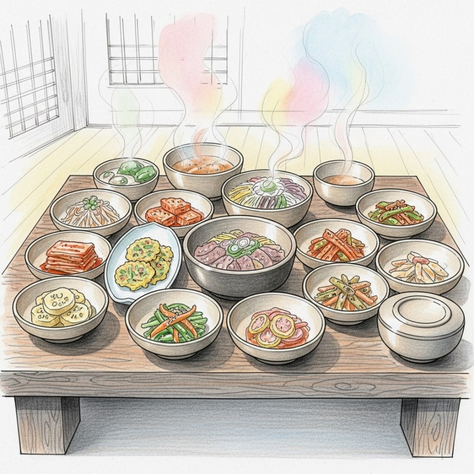 작은 그릇에 정성스럽게 담긴 11가지 반찬과 밥상