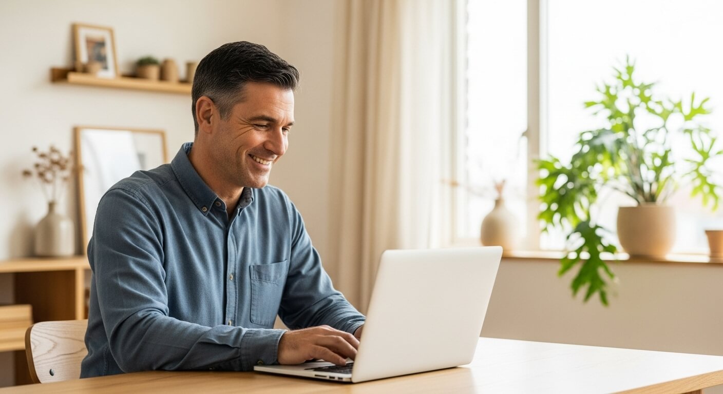 노트북 앞에서 미소 짓는 중년 남성