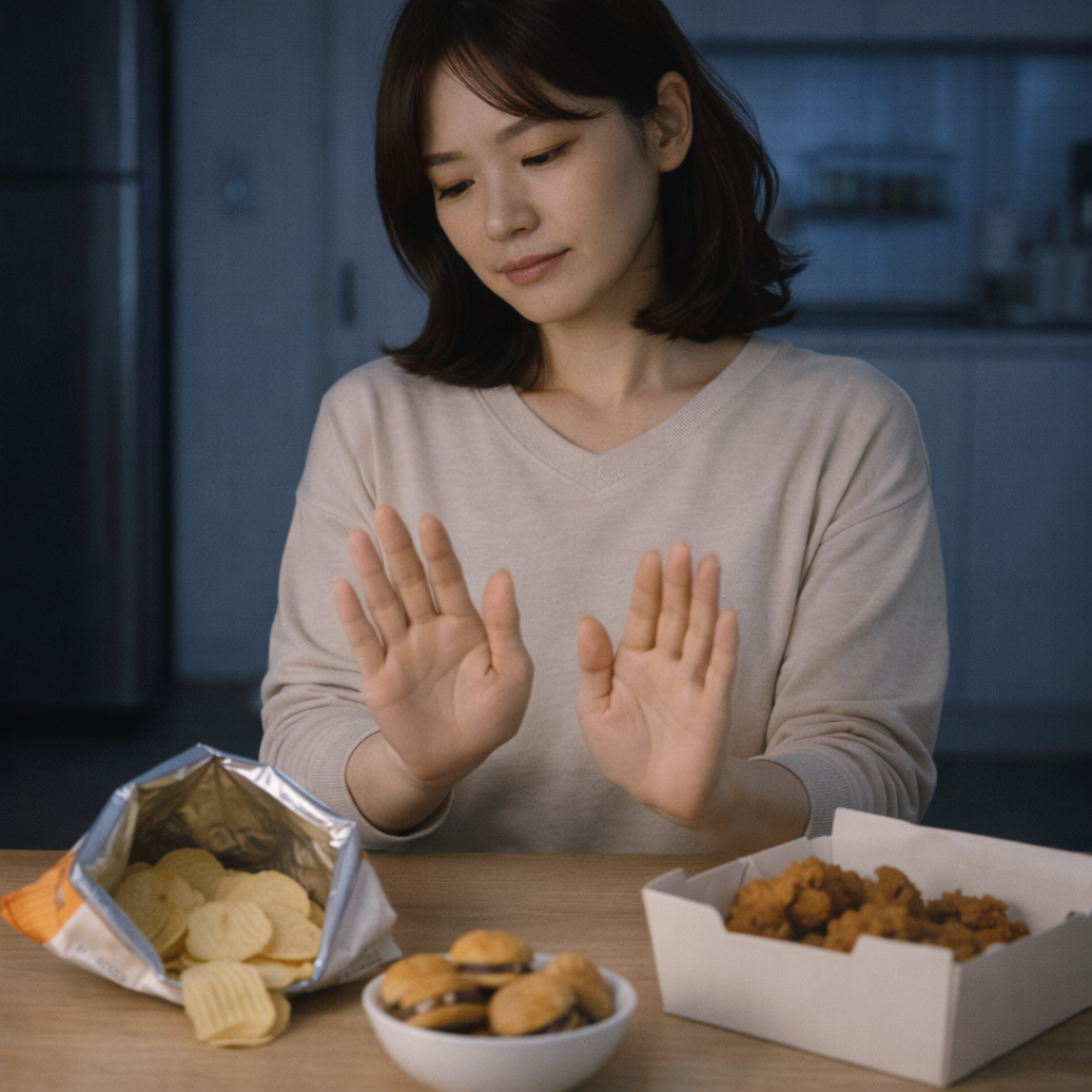 공복혈당 관리를 위해 늦은 야식을 줄이려는 모습을 표현한 이미지