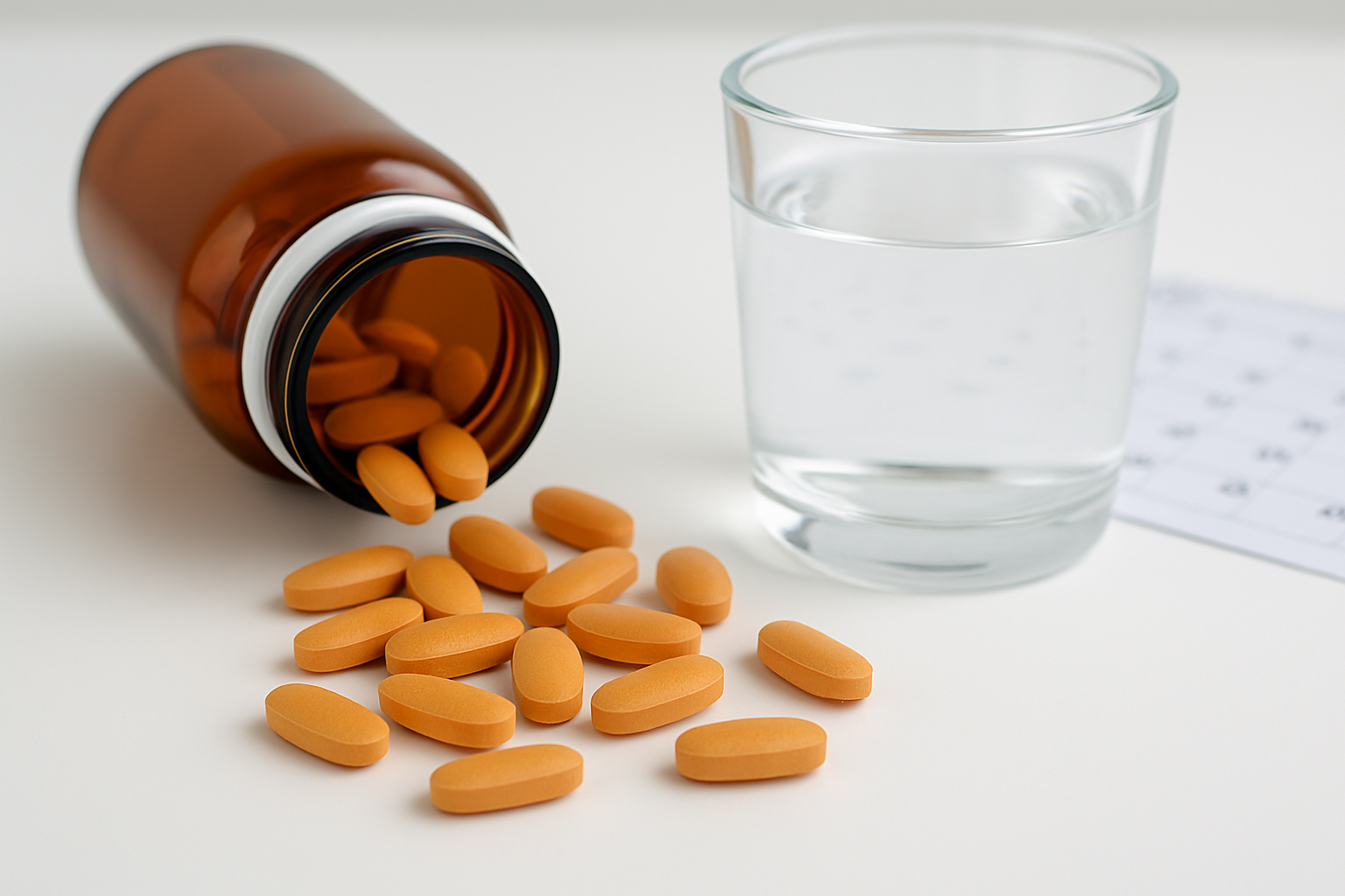 주황색 비타민C 보충제 알약이 쏟아진 병과 물컵