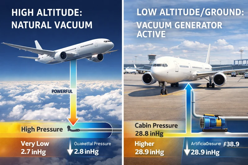 고고도 비행 중 자연 진공과 지상에서의 진공 발생기 작동 원리를 좌우 비교로 설명한 항공기 배관 시스템 인포그래픽