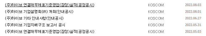 하이브 공시 목록