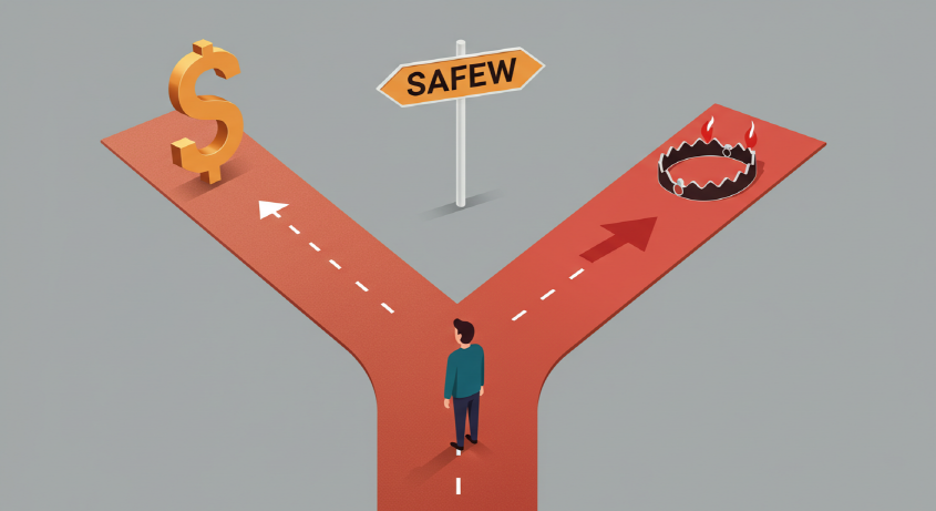 가상자산 투자의 안전한 길을 선택해야 함을 보여주는 갈림길 이미지