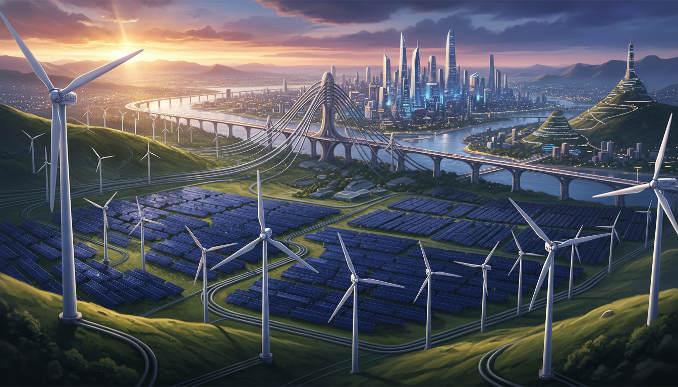 신재생 에너지 발전소와 도심을 연결하는 대규모 전력망 인프라 전경