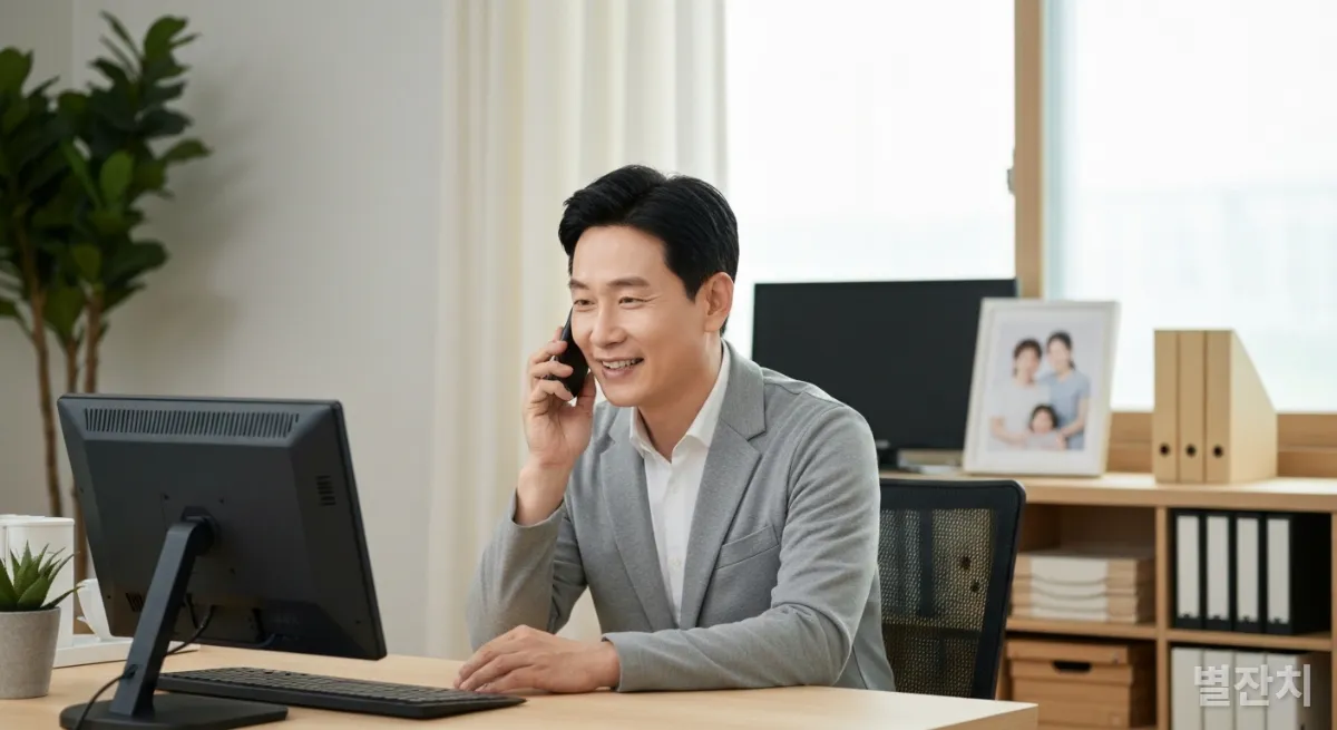 재택근무 중 화상 회의에 참여하여 공감하는 한국인 남성 리더