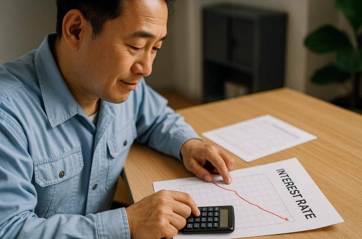 금리 그래프 보며 계산기 두드리는 소상공인