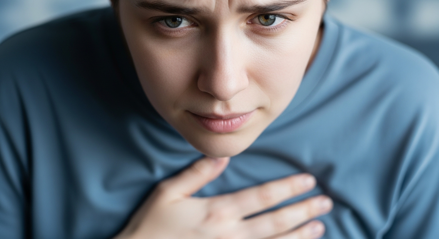 위고비 부작용으로 메스꺼움을 느끼며 속을 부여잡고 있는 사람의 모습