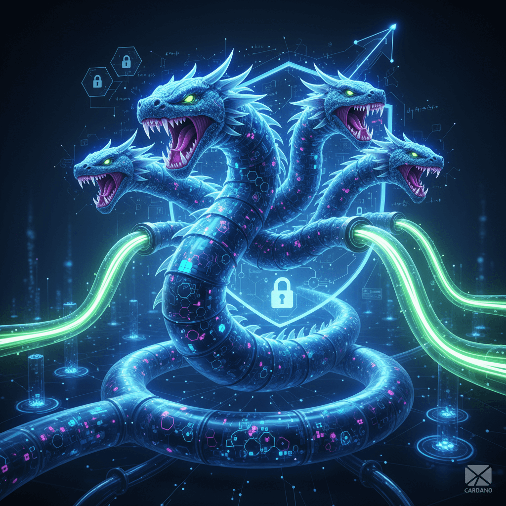 파란 디지털 회로 문양의 하이드라 용이 녹색 빛나는 데이터 흐름과 함께 사이버 보안 환경에 묘사되어 있다. 배경에 자물쇠 아이콘과 블록체인 시각 요소가 포함된다.
