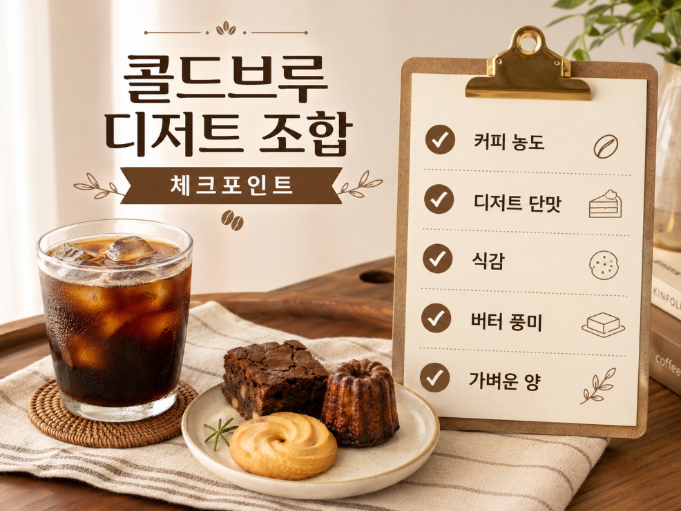콜드브루 디저트 조합을 고를 때 커피 농도와 단맛, 식감, 버터 풍미를 확인하는 이미지
