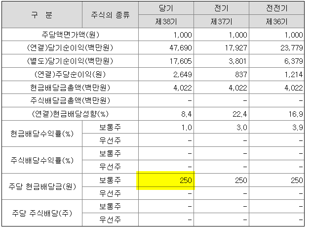 대성홀딩스 2020년 배당금은 250원