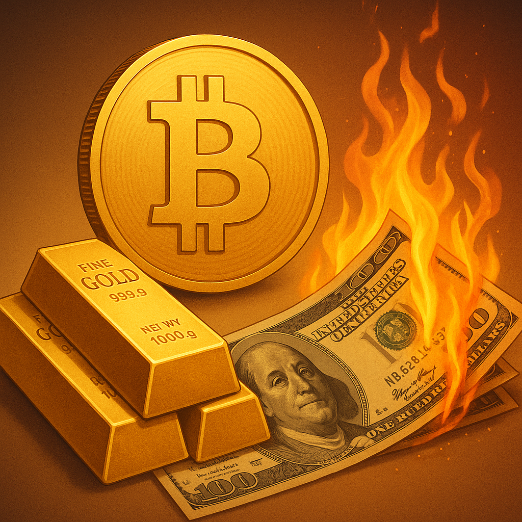 “월가 투자자들이 금 대신 비트코인으로 이동하는 모습, 글로벌 자산 이동 콘셉트 일러스트”