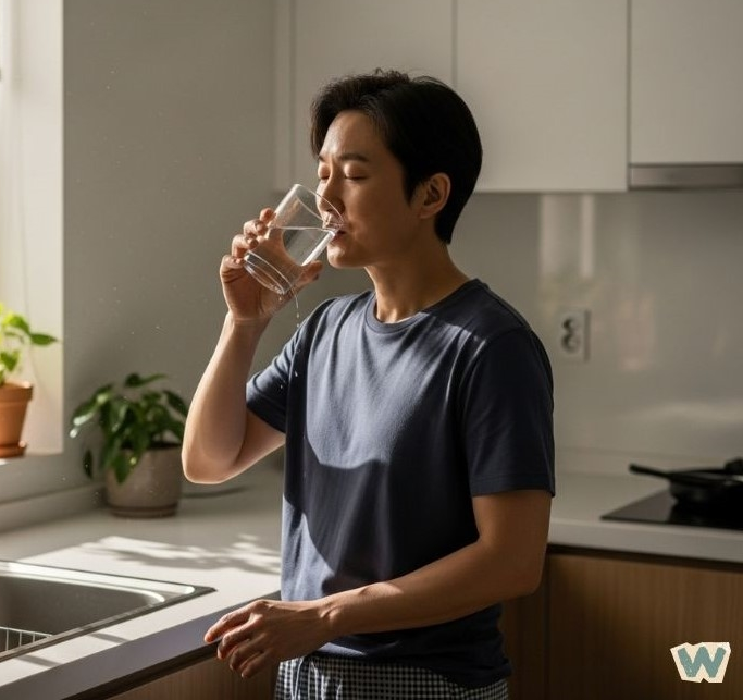아침에 건강을 위해 물을 마시는 남성, 혈관 건강 습관 via Gemini