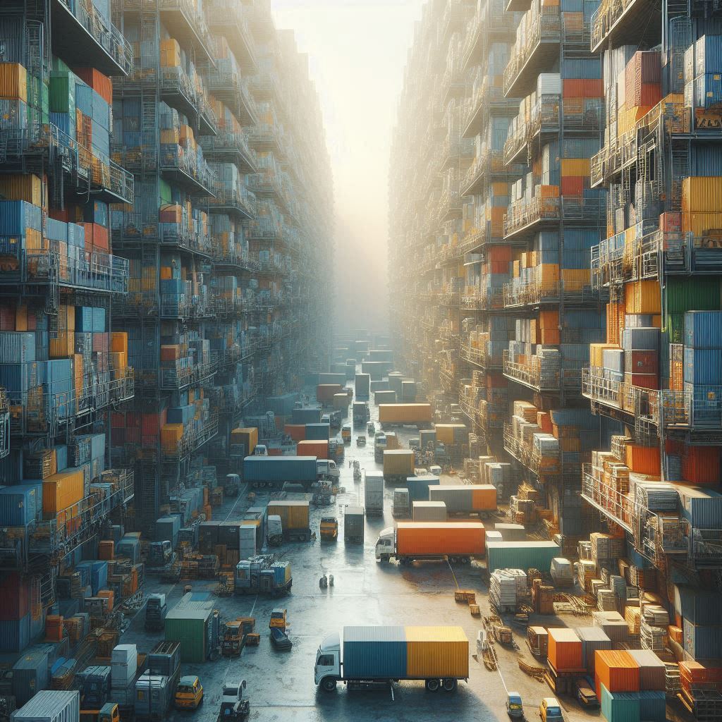 An outdoor storage yard with stacked inventory assets