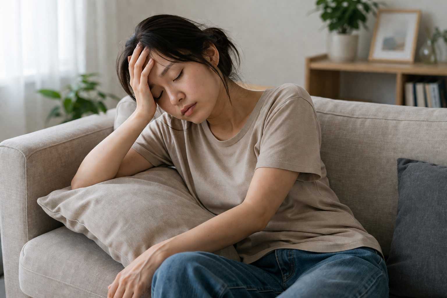 단백질 부족으로 집에서 쉬면서도 피곤함을 느끼는 모습을 보여주는 이미지
