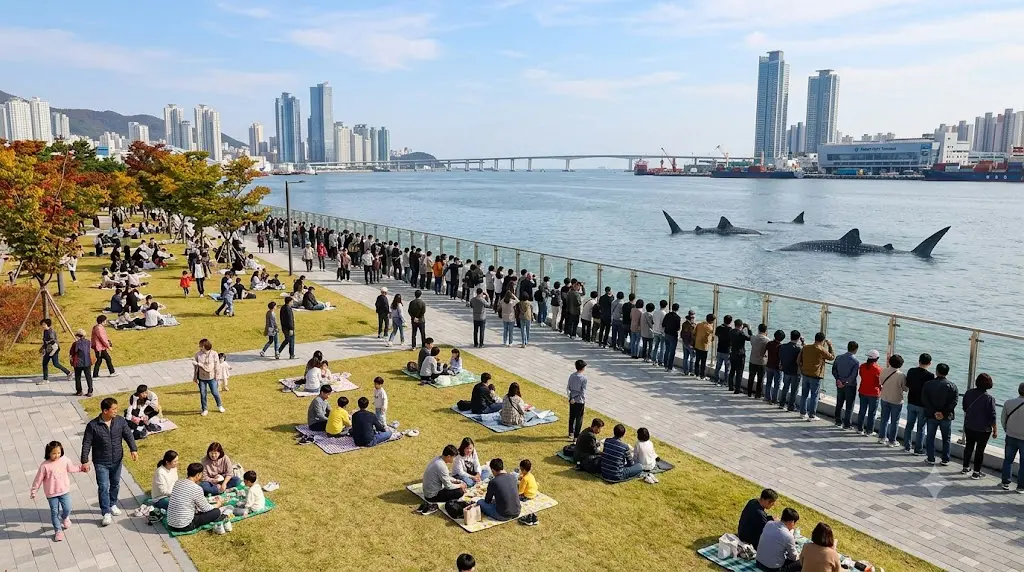 부캉이를 보기 위해 부산 북항 친수공원을 찾은 방문객들