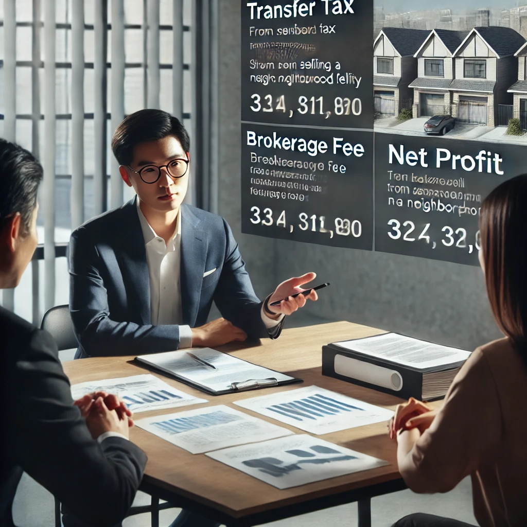 세무 상담사가 부부에게 양도소득세와 순수익에 대해 설명하는 사무실 장면