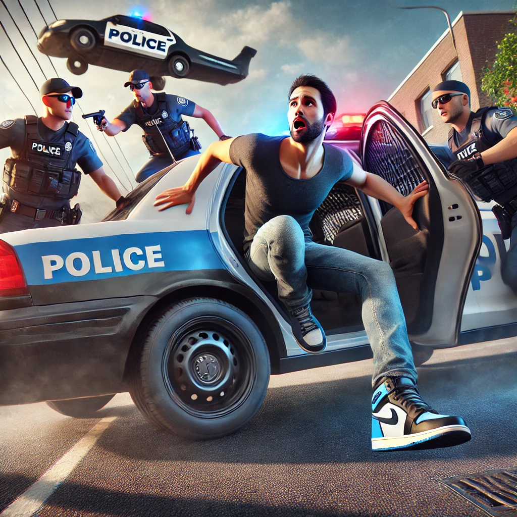 경찰차를 택시로 착각하고 타는 순간 경찰들이 어리둥절한 표정으로 돌아보는 모습.