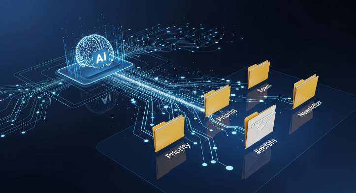 AI가 이메일의 내용과 맥락을 분석하여 우선순위나 카테고리별로 자동 분류하는 모습을 시각적으로 표현한 이미지. 지메일 필터의 한계를 넘는 AI의 유연성을 보여준다.
