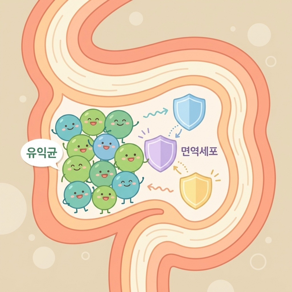 장내 미생물과 면역세포 관계를 보여주는 인포그래픽
