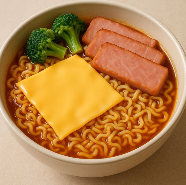 라면 위에 치즈, 햄, 브로콜리 등을 토핑으로 얹어 만든 모습