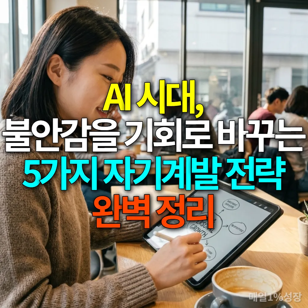 카페에서 태블릿으로 AI 관련 마인드맵을 그리는 젊은 한국 여성