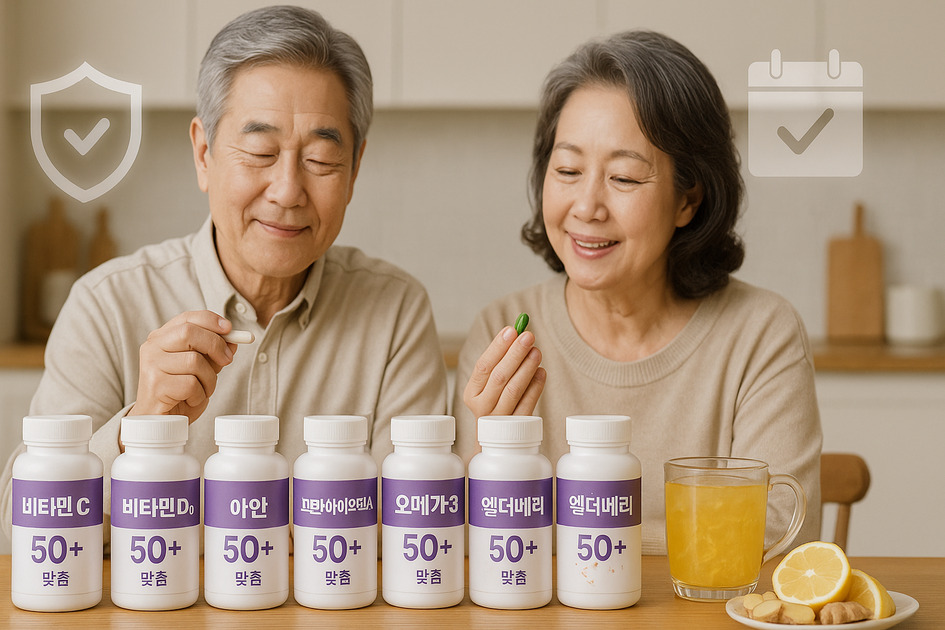 50대 이상 중장년층 감기 예방을 위한 영양제 먹는 중년 부부 이미지