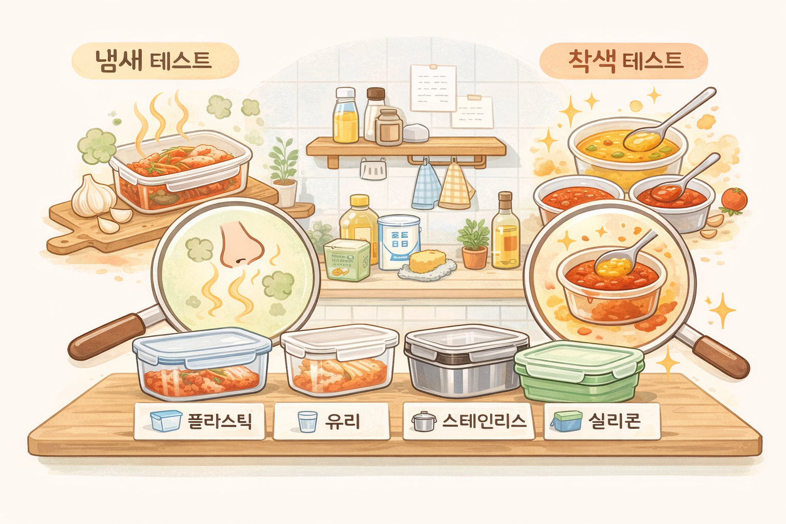 밀폐용기 소재별 냄새, 착색 테스트 총정리(플라스틱 유리 스테인리스 실리콘 비교)