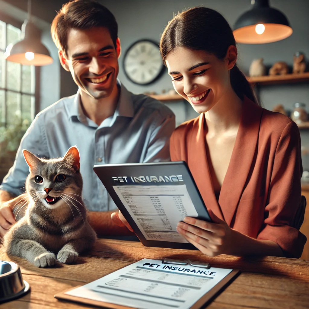 부부가 고양이의 보험 내용을 보고 있습니다