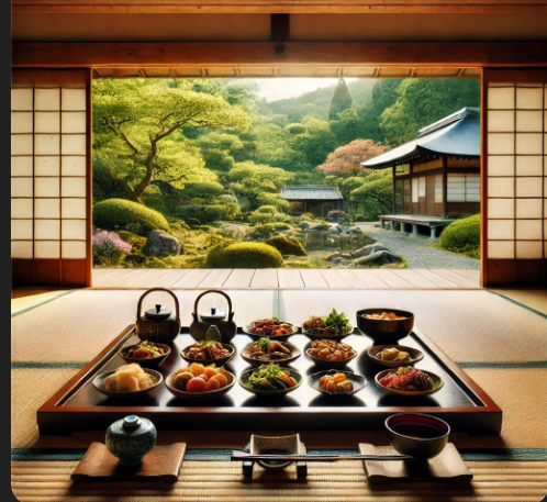 정원이 보이는 다다미에 앉아 오반자이를 먹는 이미지