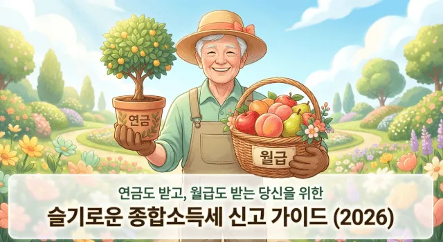 연금소득자 종합소득세 신고 방법을 안내하는 대표 이미지. 한 손에는 연금이라고 적힌 화분을 들고 다른 손에는 월급이라고 적힌 과일 바구니를 든 어르신이 환하게 웃고 있다. 연금을 받으면서 근로소득이 있을 때 종합소득세 합산 신고가 필요하다는 내용을 시각적으로 전달하며 슬기로운 종합소득세 신고 가이드 2026이라는 문구가 함께 표시되어 있다
