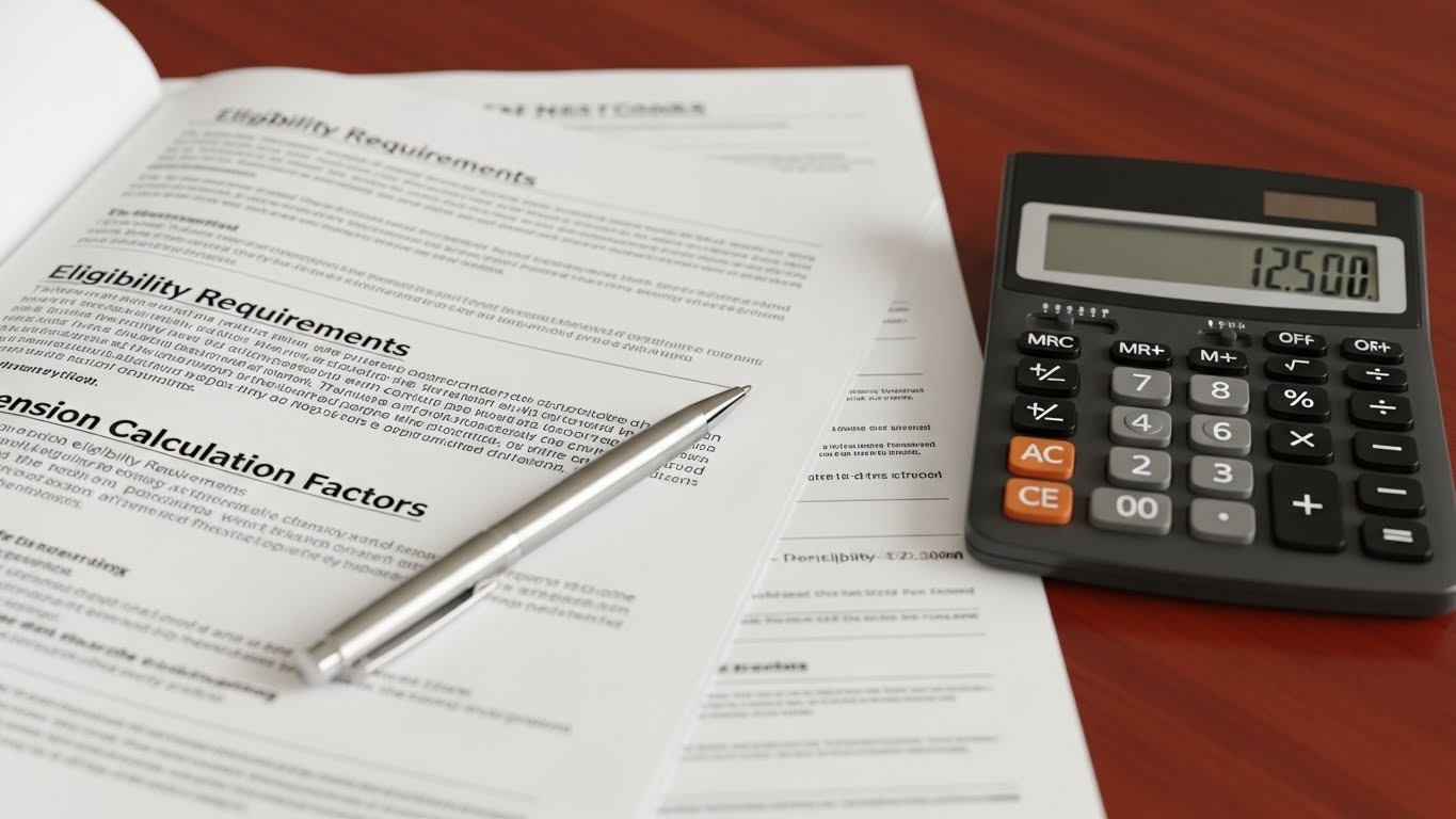 연금 수령 조건을 설명하는 서류와 계산기, 펜 이미지