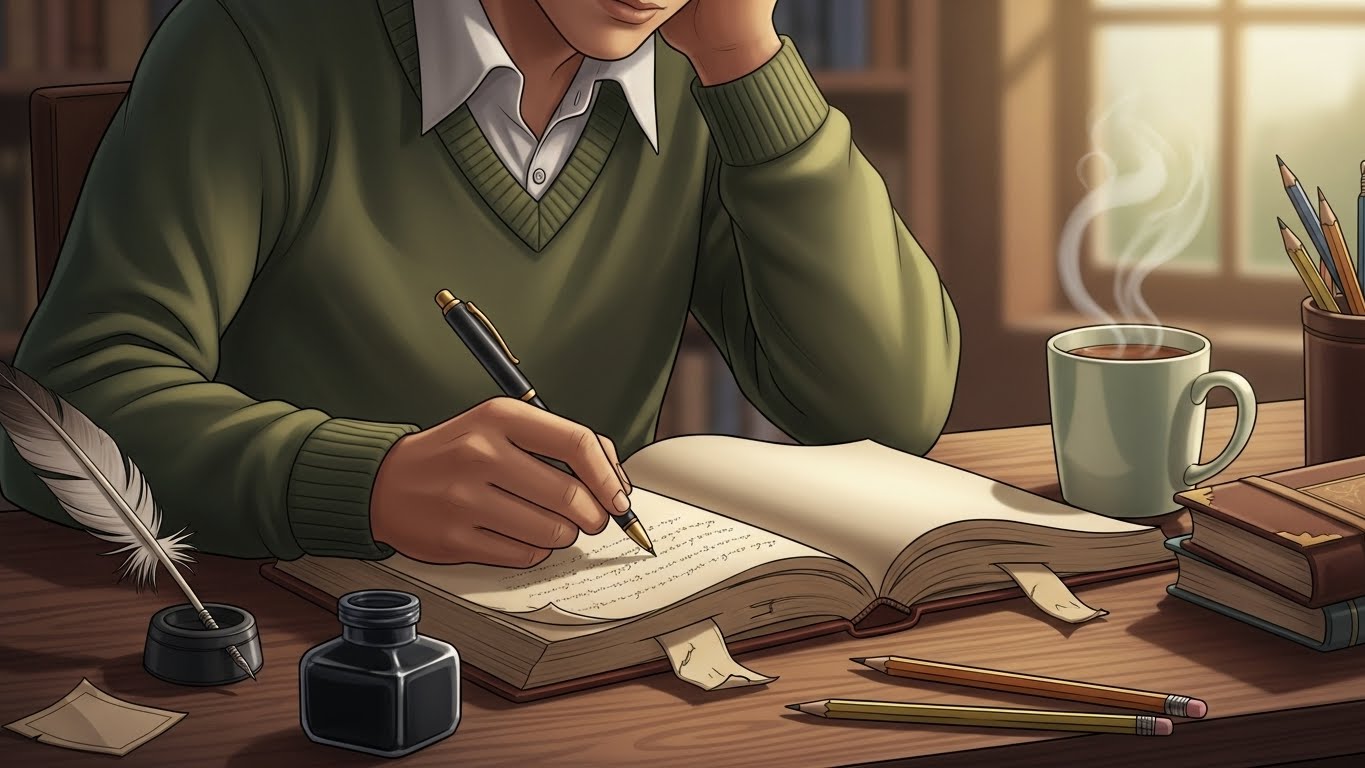 Person writing a morning gratitude journal as part of a healthy Korean wellness routine, helping improve mood, reduce stress, and start the day with more positive energy.