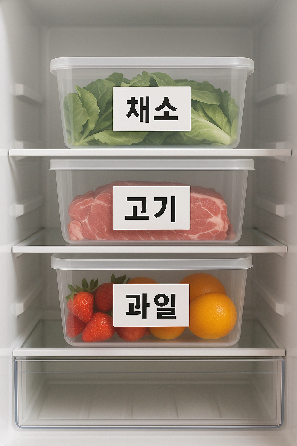 투명 용기와 라벨로 칸별 정리된 냉장고