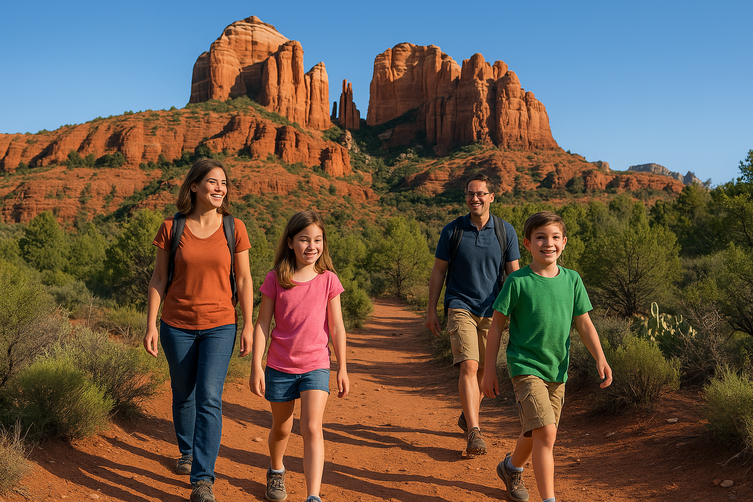 세도나 붉은 바위 협곡을 배경으로 가족이 함께 걷는 하이킹 길