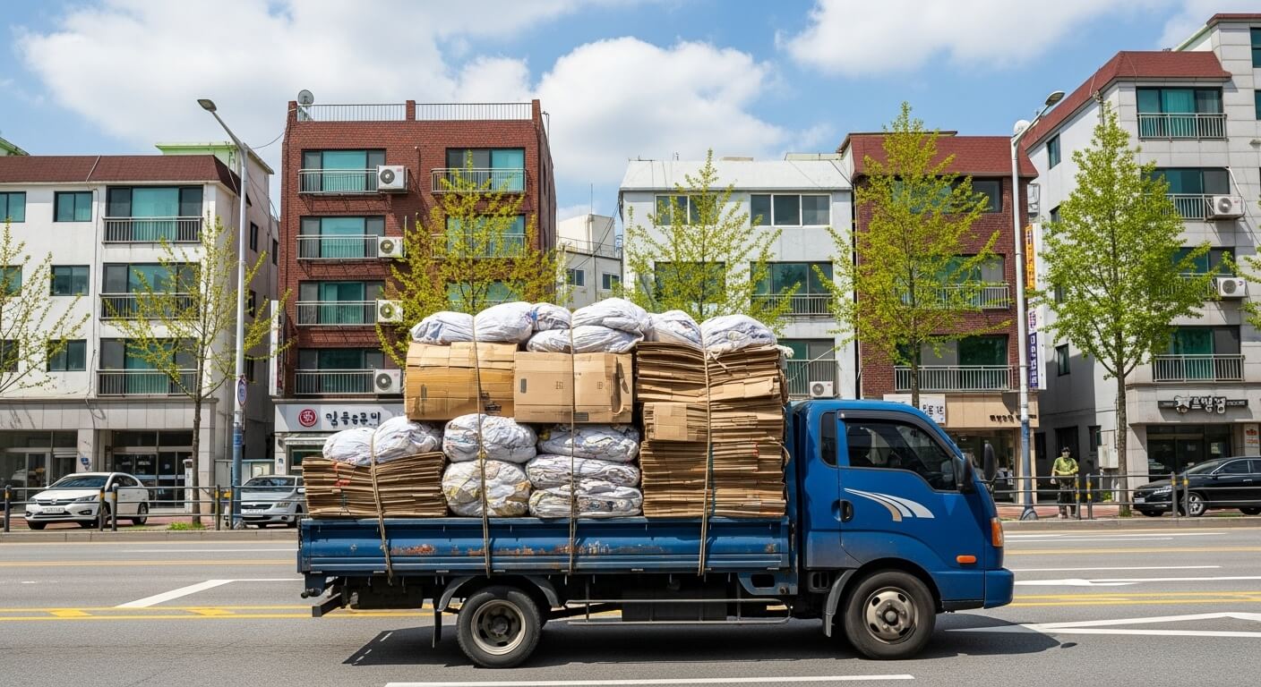 도심 도로에서 파란 트럭에 폐지를 가득 실은 모습