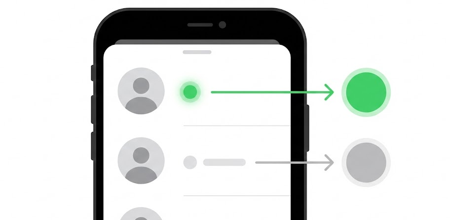 인스타그램 활동 상태(온라인 표시)가 DM에서 보이는 위치를 설명한 그래픽(초록 점과 최근 활동 표시)