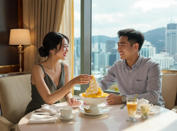 호텔 레스토랑에서 맛있게 빙수를 먹고 있는 젊은 커플