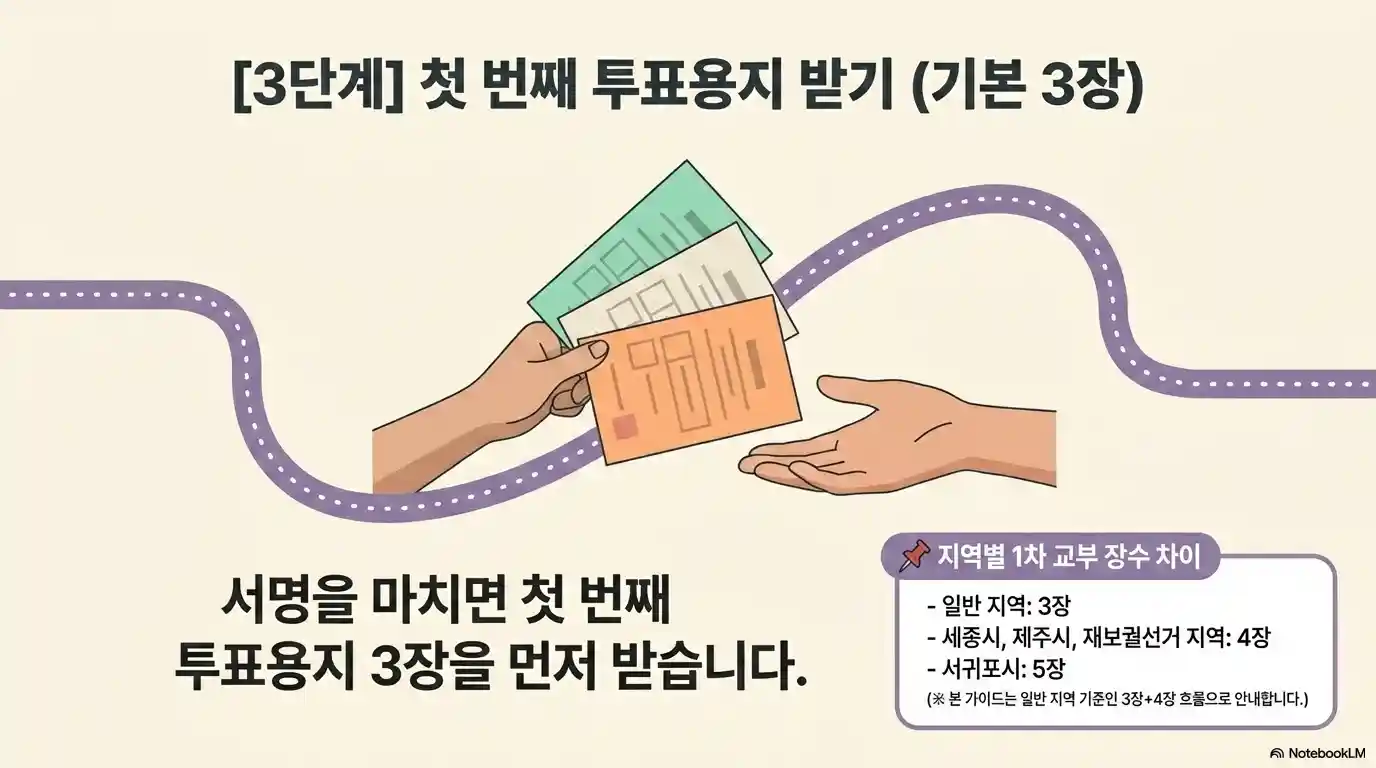 본투표 3단계 첫 번째 투표용지 받기 - 서명 후 1차 투표용지 3장 교부, 지역별 차이(일반 3장&middot;세종&middot;제주&middot;재보궐 4장&middot;서귀포 5장) 안내