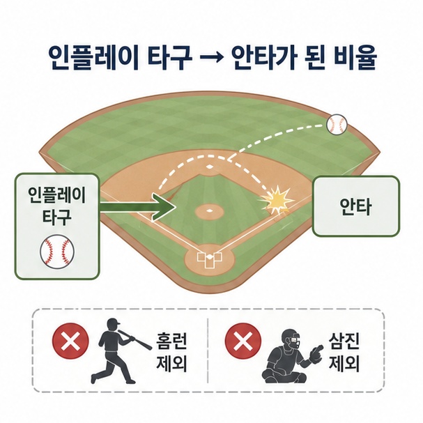 BABIP이 인플레이 타구가 안타가 된 비율이며 홈런과 삼진은 제외된다는 점을 설명한 이미지