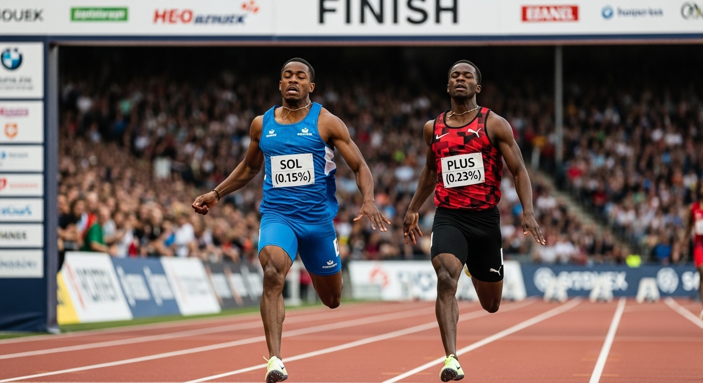 'SOL 코리아 고배당' ETF가 'PLUS 고배당주' ETF를 추월하며 1등으로 달리는 경주 이미지