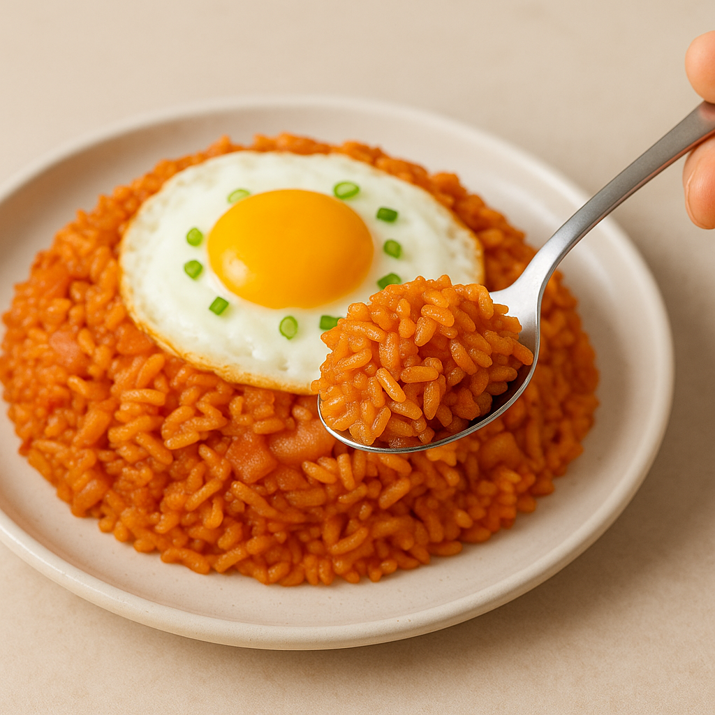 숟가락으로 맛있게 먹는 김치볶음밥