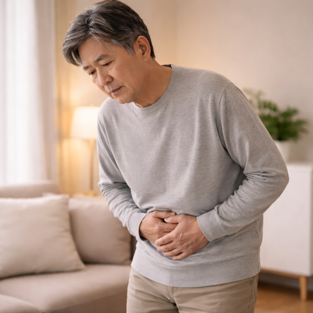 전립선비대증으로 소변을 봐도 잔뇨감이 남는 느낌을 표현한 이미지